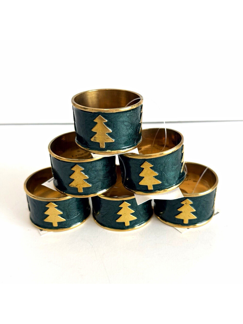 Dansk Set of 6 Brass Green Enamel Christmas Tree Napkin Rings NWT